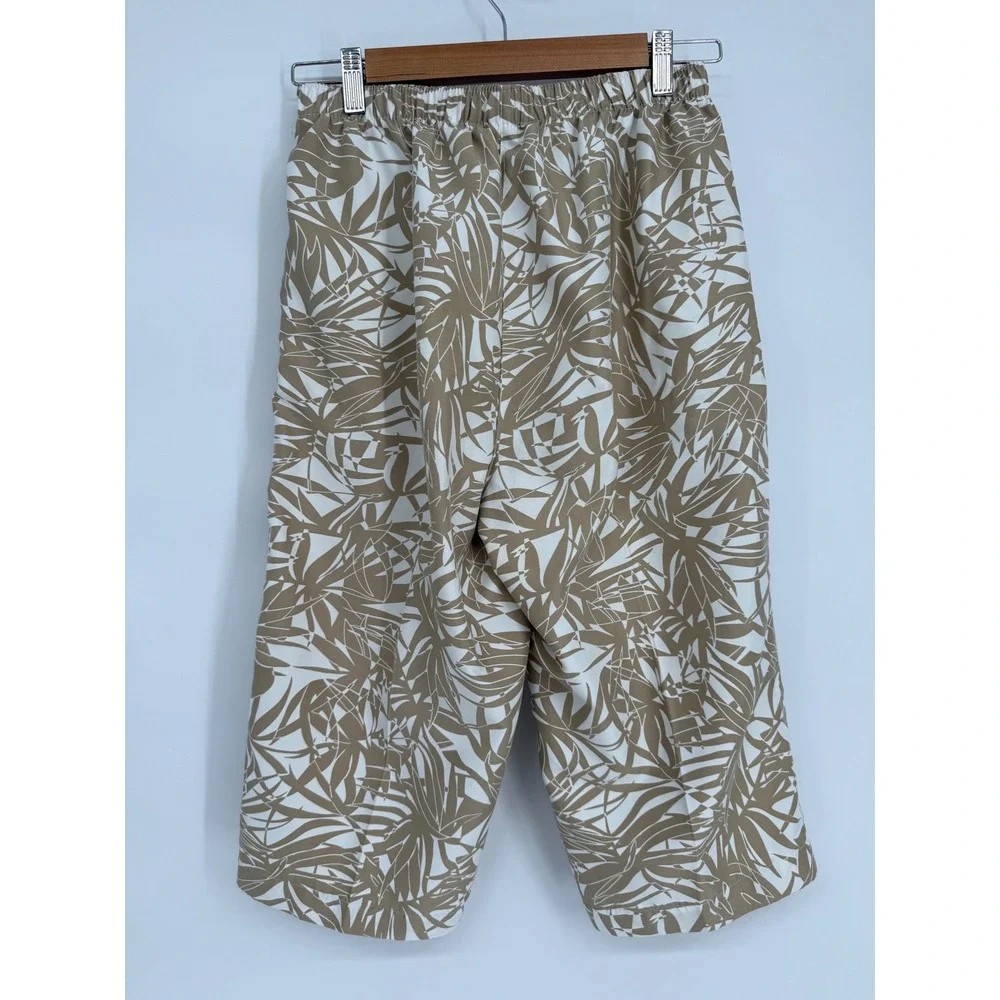 Alia Tan White Palm Leaf Print Elastic Cropped Wide Leg Pants Sz (see pics)